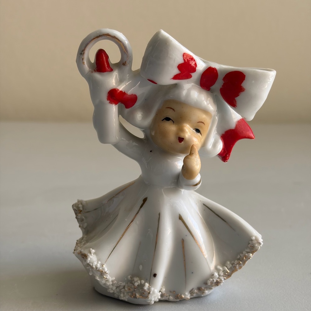 Vintage Big Bow Girl White Figurine With Candle Red Trim Spaghetti Trim Dress
